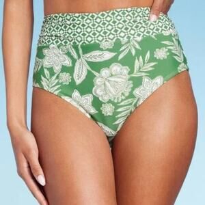 NWT Shade & Shore XL 16 Full Seat Coverage Bikini Bottoms Green High Waist